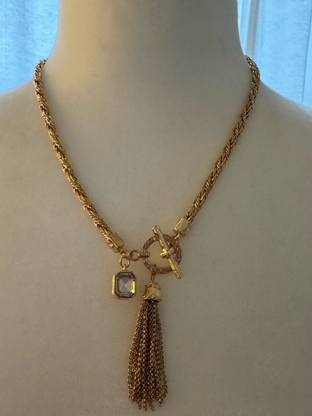 Gold -tone Tassel Pendant Necklace with Crystal Charm